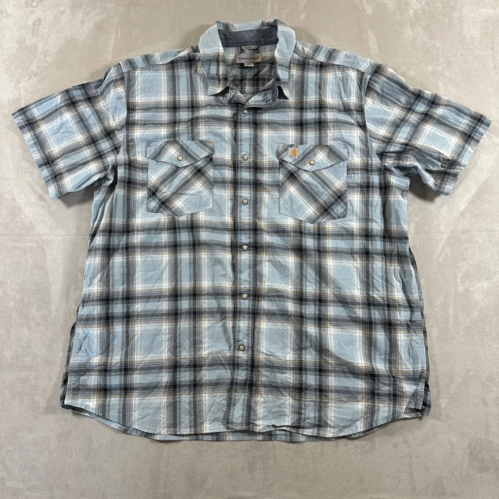 Carhartt Button Up Shirt Mens 2XL Blue Plaid Short Sleeve Relaxed Fit Western